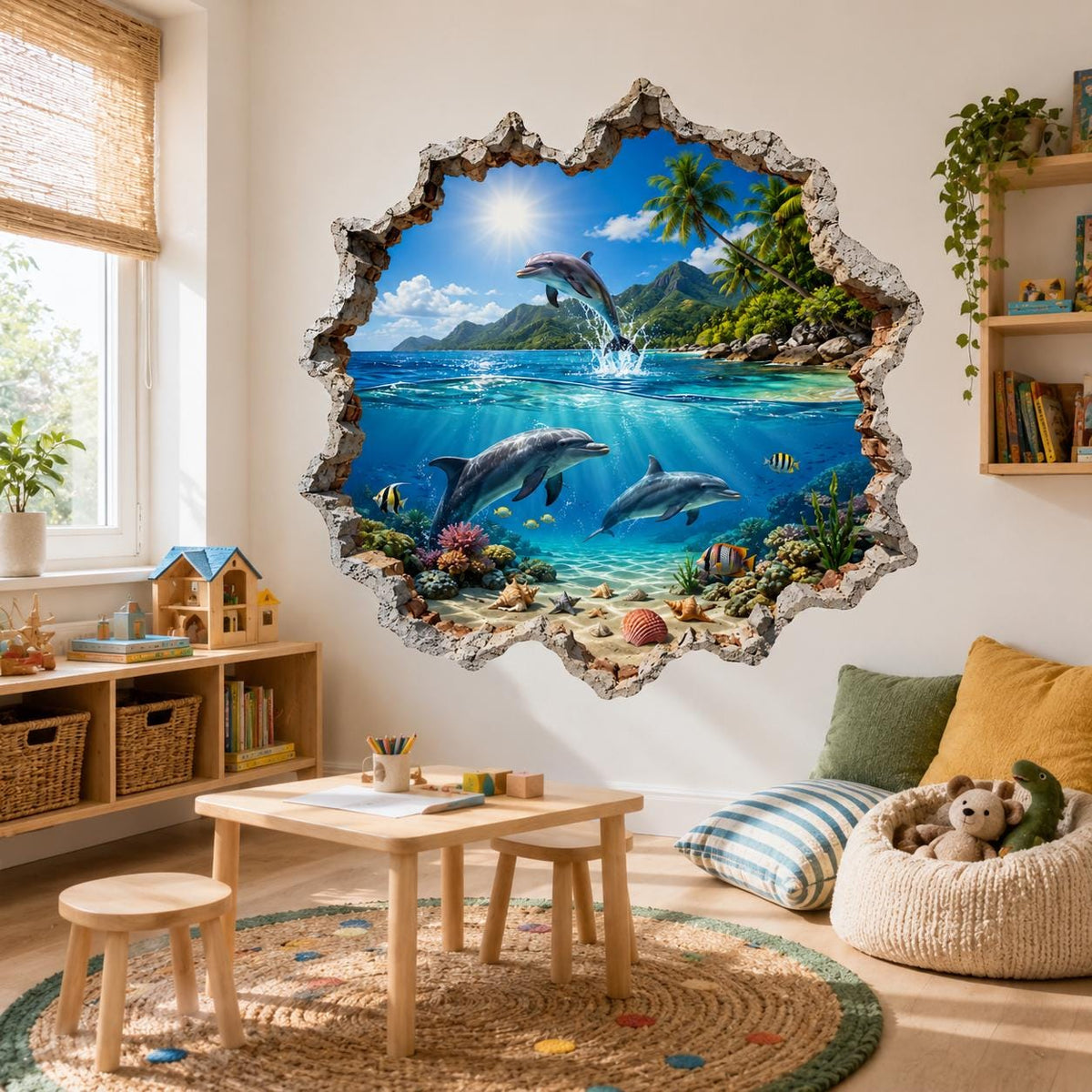 3D tropical dolphin wall decal displayed in an interior.