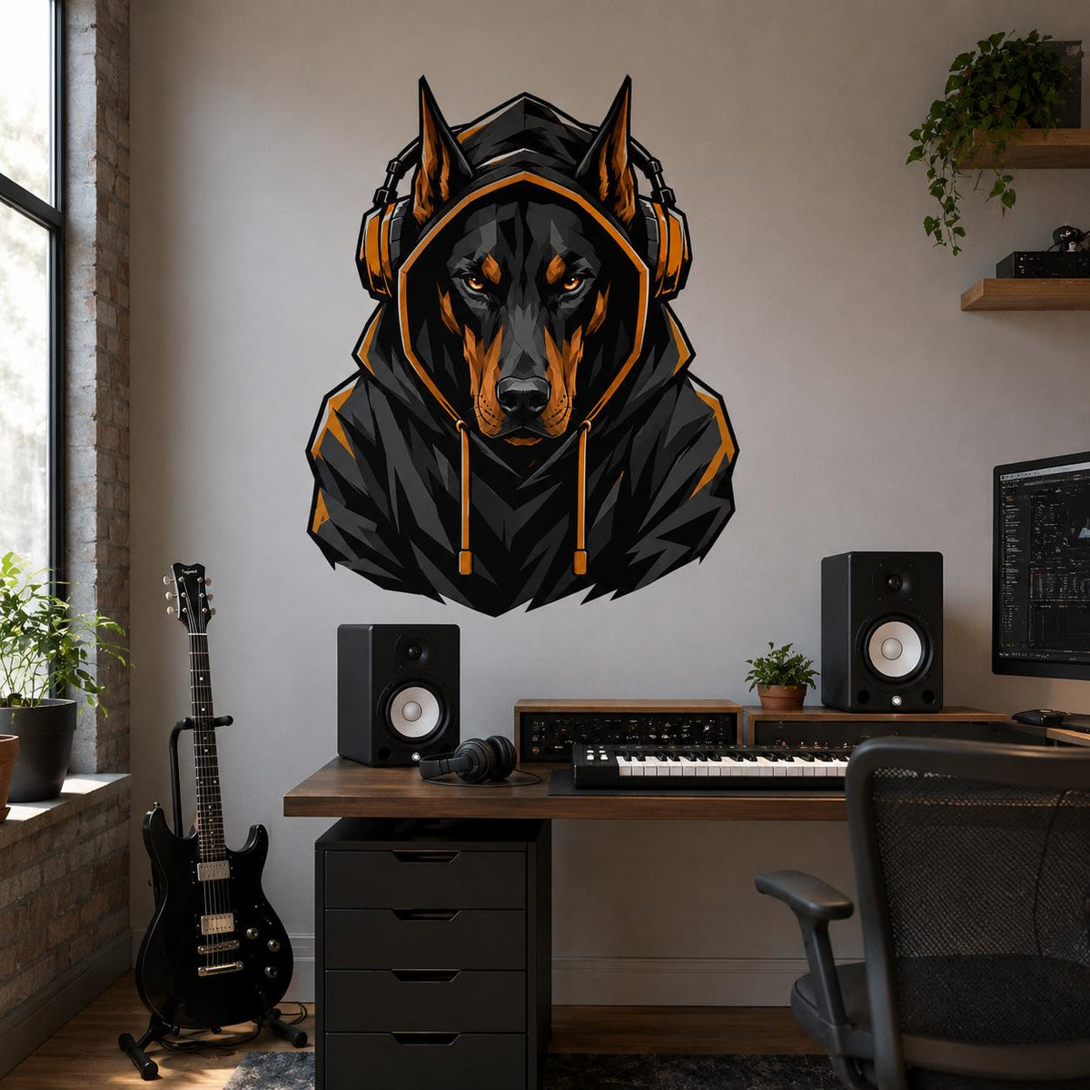 Doberman gamer wall decal displayed in an interior.