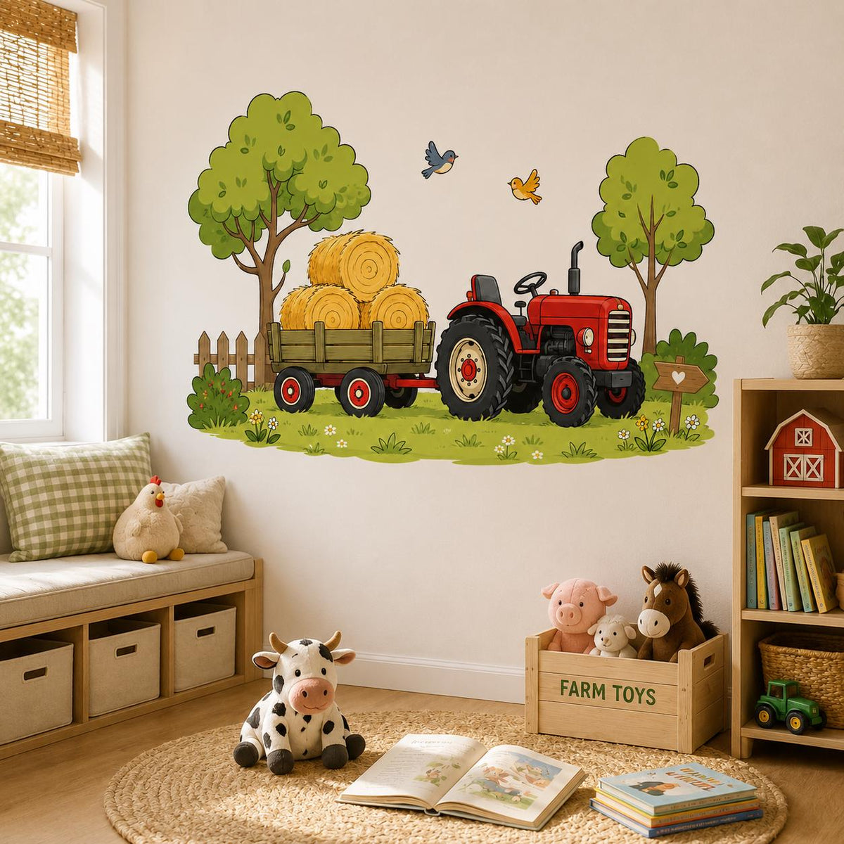 Red tractor and hay trailer wall decal shown in a room setting.
