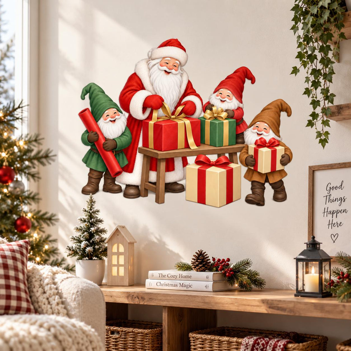 Holiday wall art with Santa, three smiling Christmas gnomes and brightly wrapped presents.