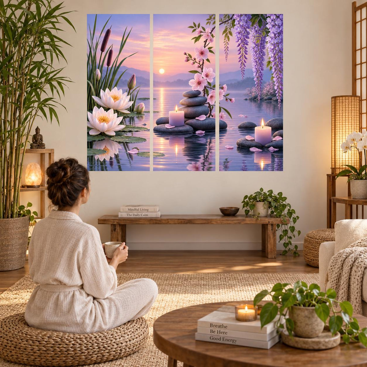 Meditation room wall sticker with water lilies, purple blossoms, smooth dark stones and warm candlelight.
