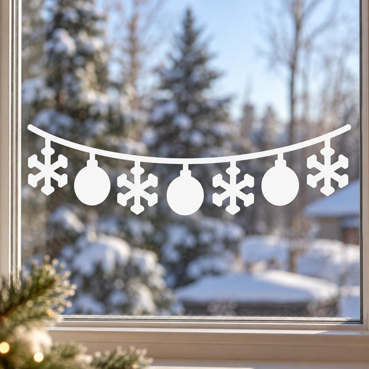 Minimalist holiday window sticker with four snowflakes and three hanging Christmas decorations
