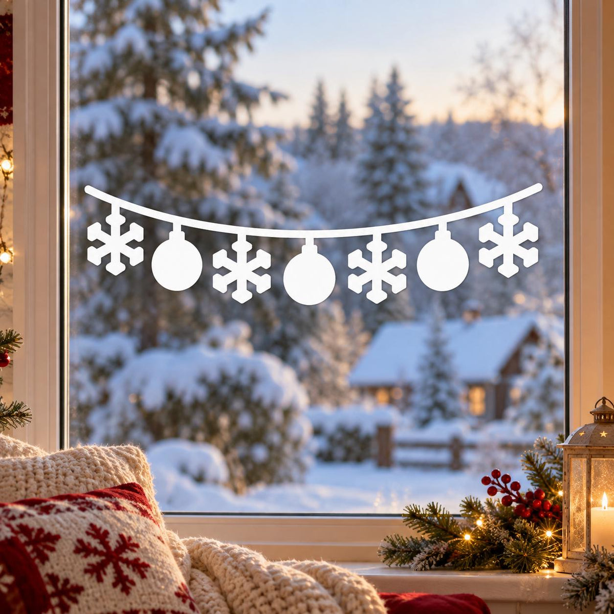 White Christmas window garland with three round baubles and four hanging snowflakes