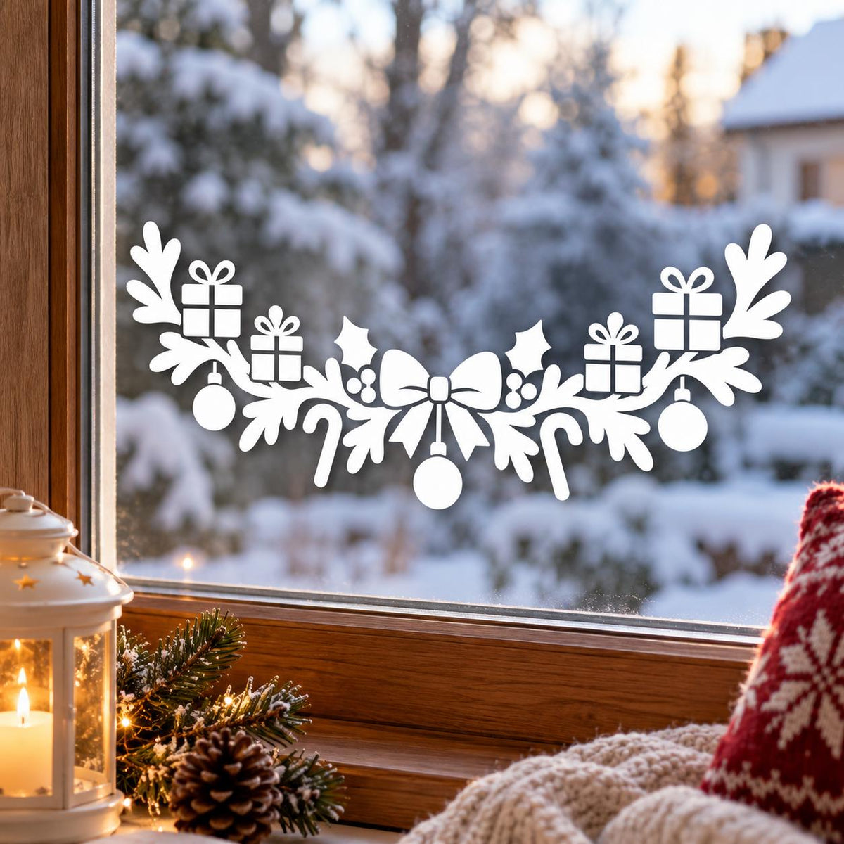 Christmas glass decoration with white bow, wrapped presents, baubles and evergreen foliage