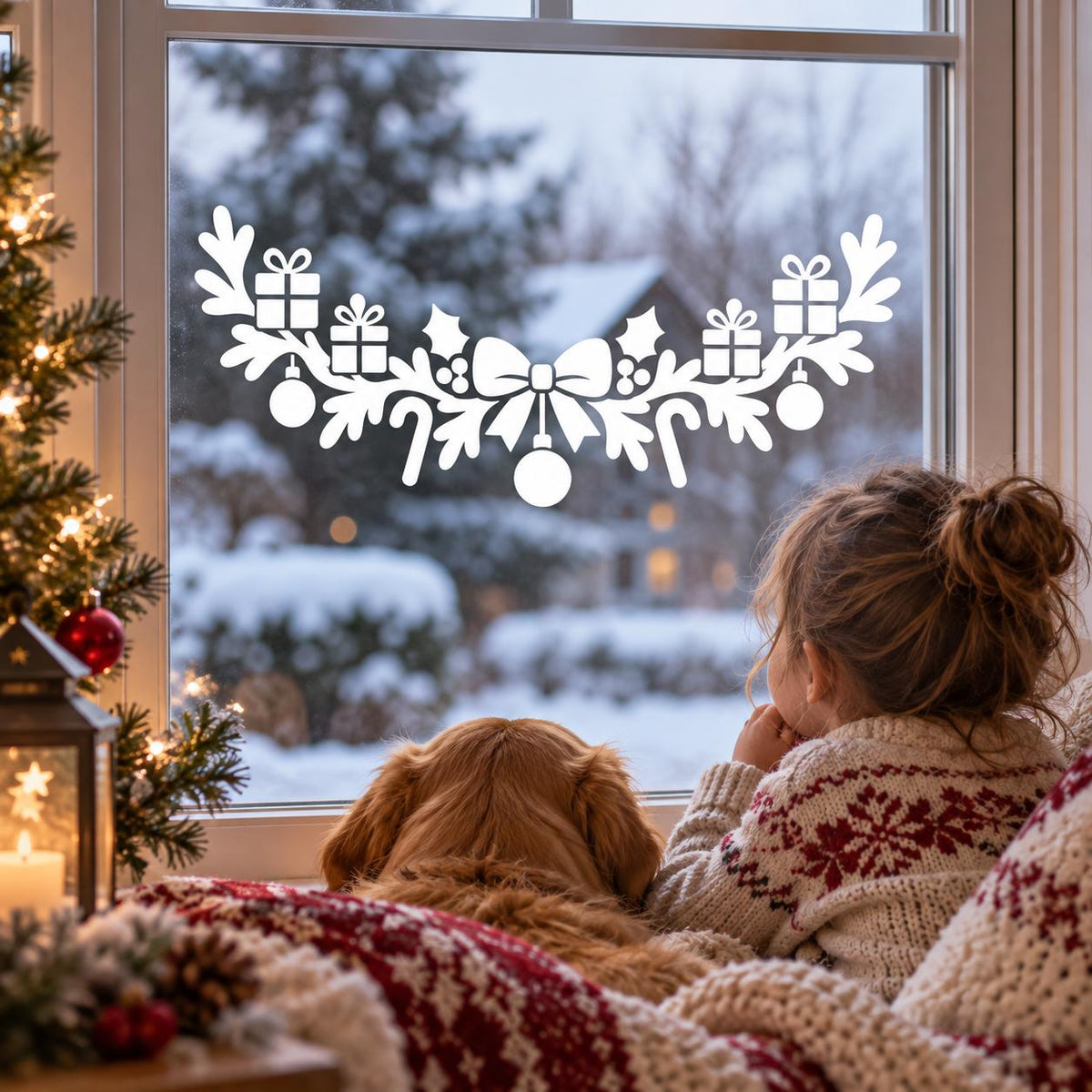 Festive white vinyl window design of a ribbon, candy canes, Christmas gifts and hanging ornaments