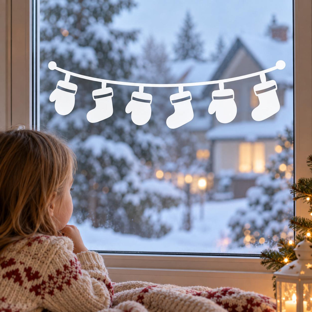 Minimalist Christmas garland design with six white stocking shapes for window decoration