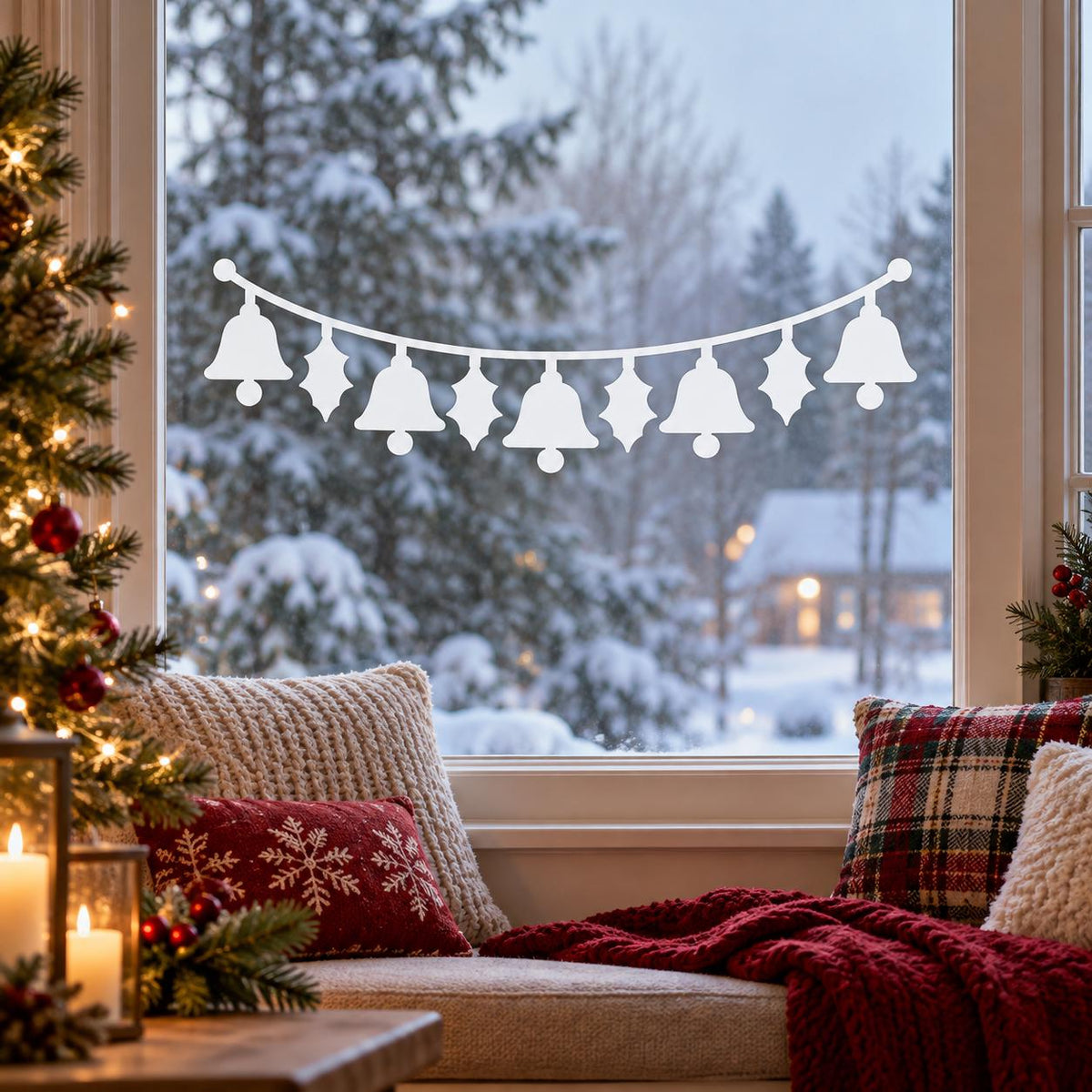 White Christmas garland window decal with five hanging bells and four holly leaves