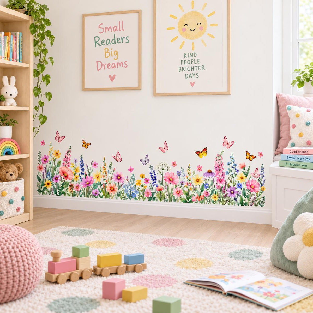 Floral meadow decal featuring scattered butterflies and bright wildflowers along the lower part of a room wall.