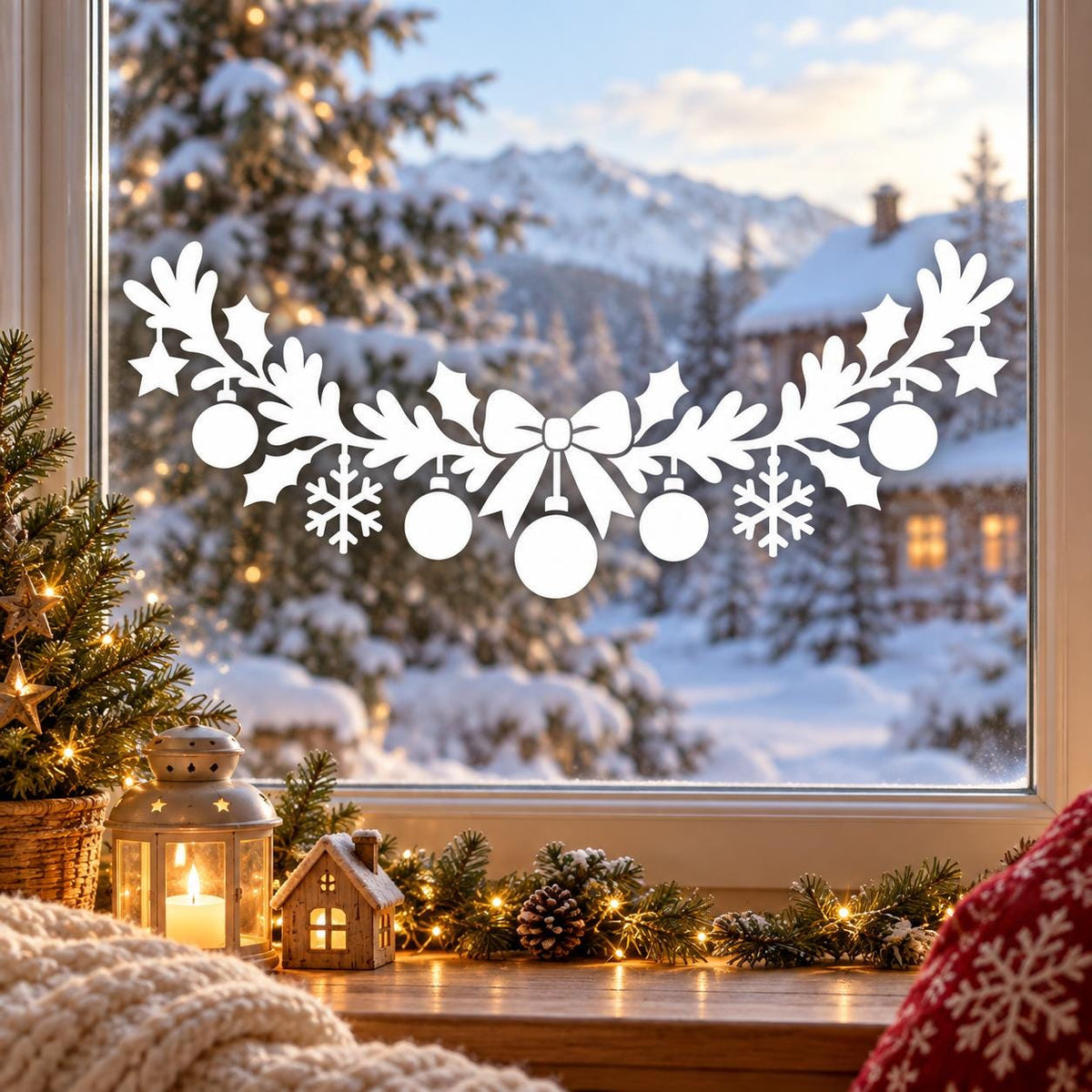 Christmas glass sticker with white leafy branches, central bow and dangling ornaments