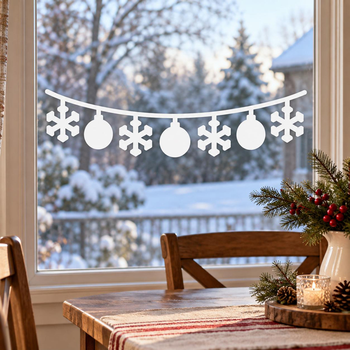 Winter glass decal featuring white snowflake shapes and spherical ornaments on a curved garland