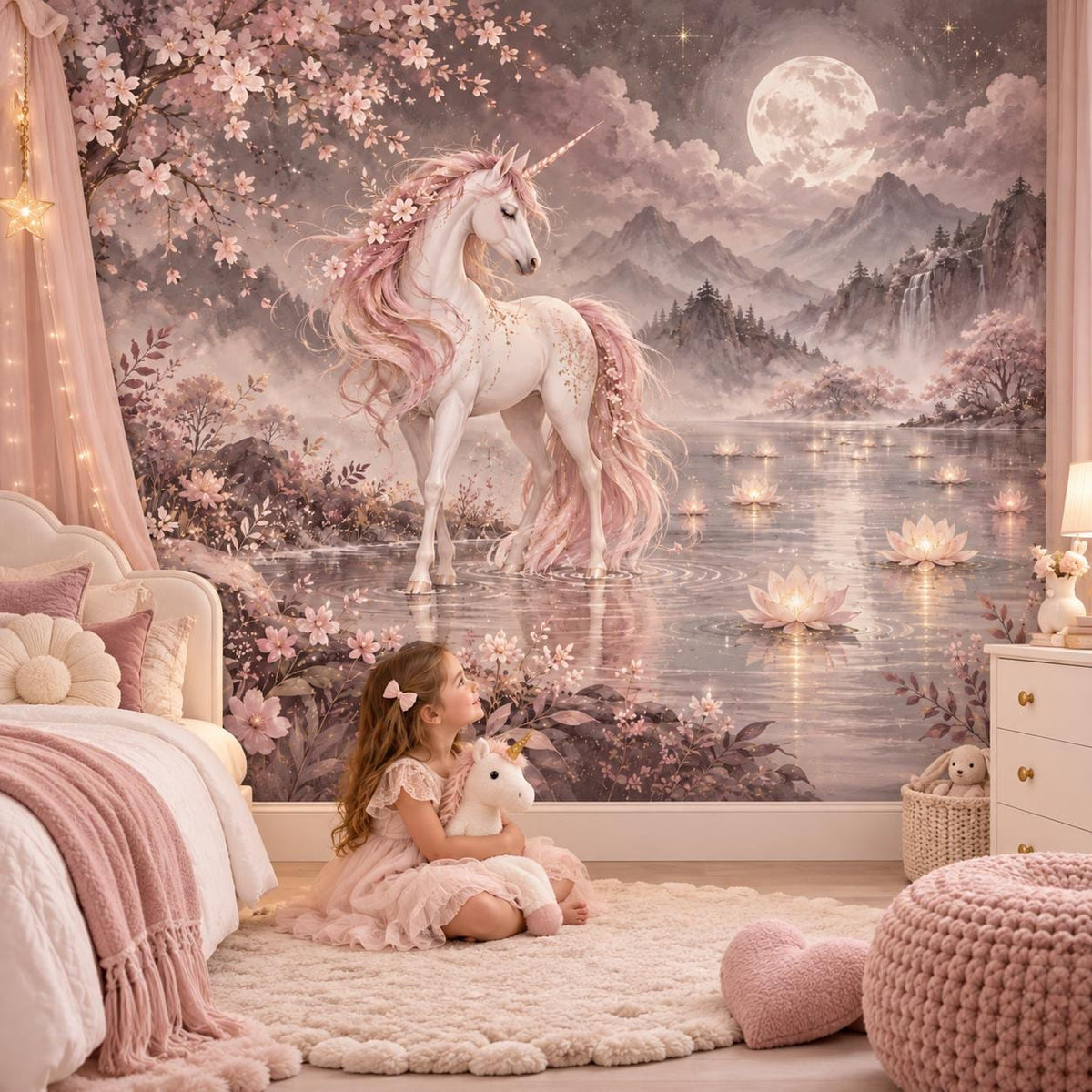 Moonlit unicorn scene with pink blossoms, soft mountain silhouettes and a distant waterfall.