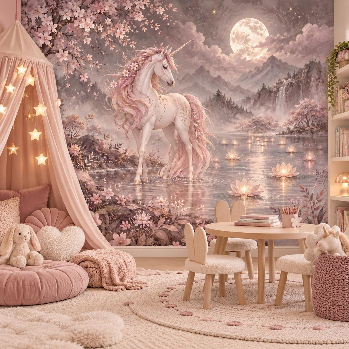 Floral fantasy wall mural with cherry blossoms, lake reflections and a white unicorn.