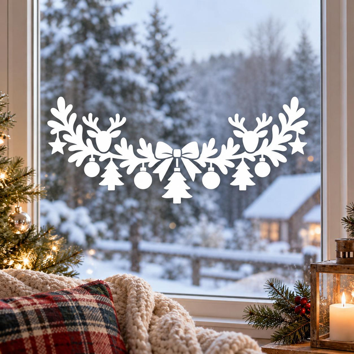 Christmas glass sticker featuring a bow between reindeer heads and pine foliage