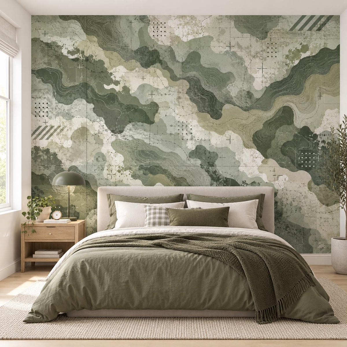 Printed camo wall mural featuring muted greens, contour lines, dots and distressed details.