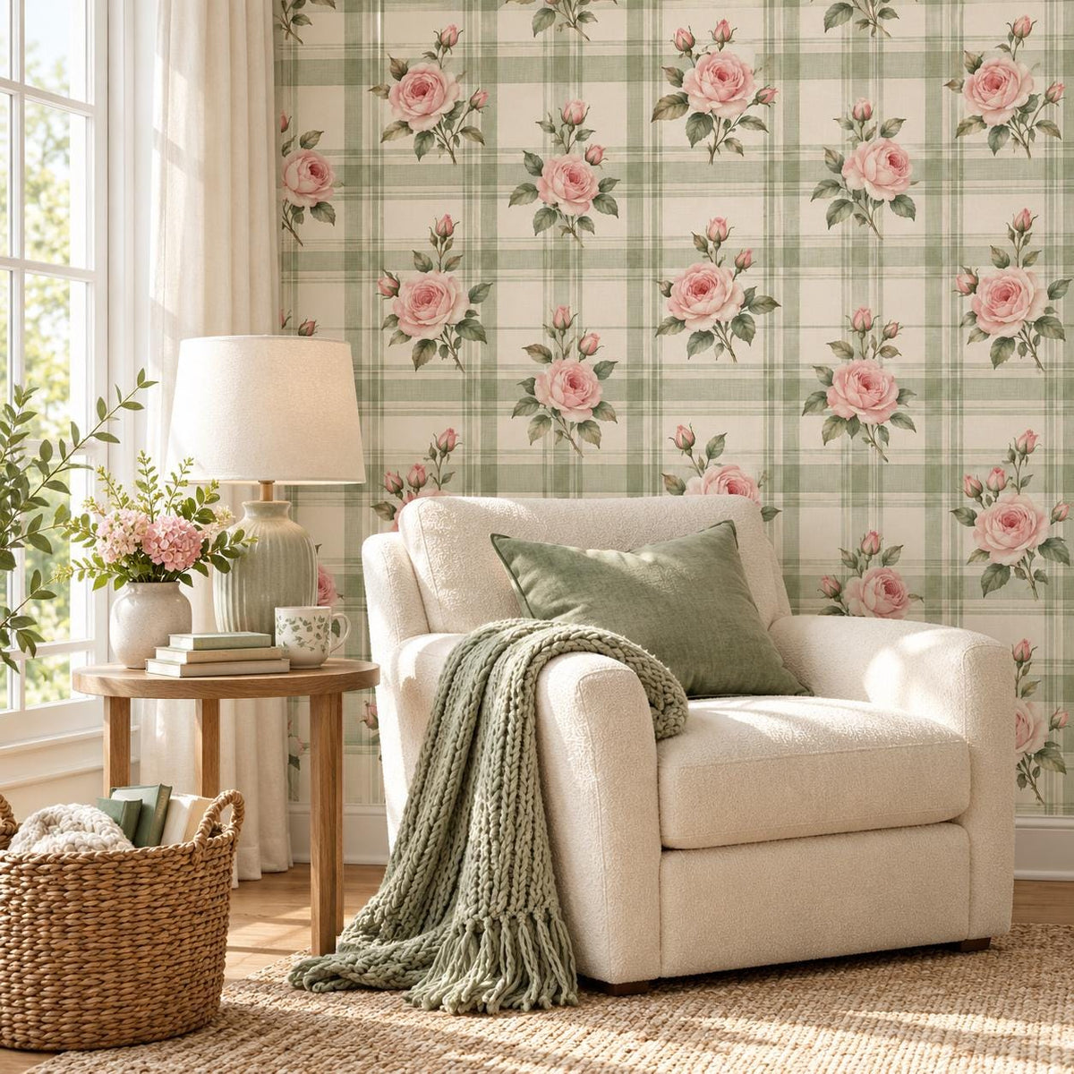 Self adhesive floral wallpaper with scattered rose bouquets on a light green plaid background.