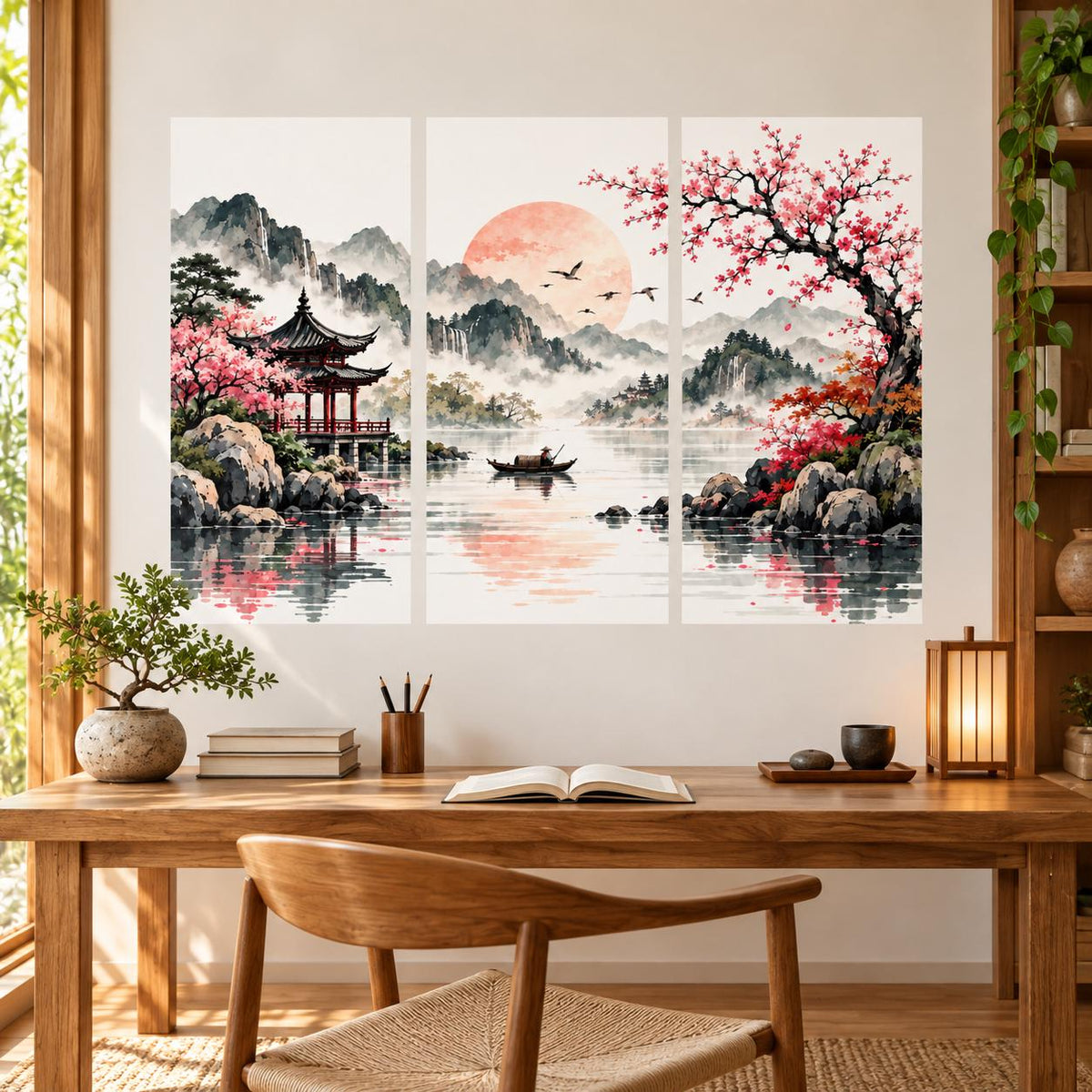 Asian Landscape Wall Decal Pagoda and Flowering Trees | Watercolor Mountain Lake Mural | Vinyl Living Room Decor | Cherry Blossom Wall Art