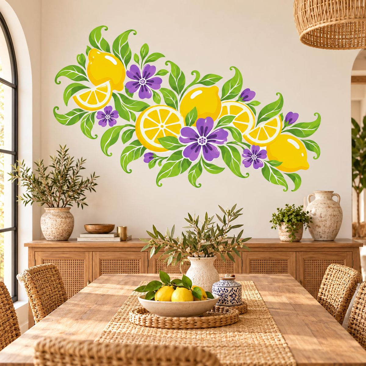Lemon and Purple Floral Wall Decal | Citrus Vinyl Wall Sticker for Kitchen | Botanical Dining Decor | Mediterranean Inspired Kitchen Decor