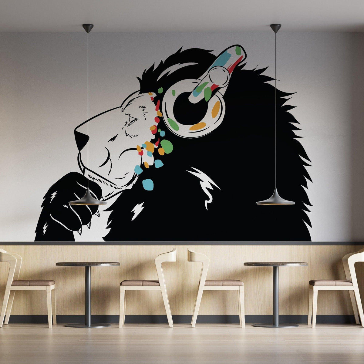 Contemporary lion DJ wall decal featuring colorful headphones.