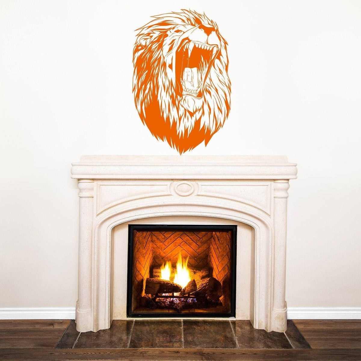 Orange roaring lion head wall sticker displayed above a fireplace.