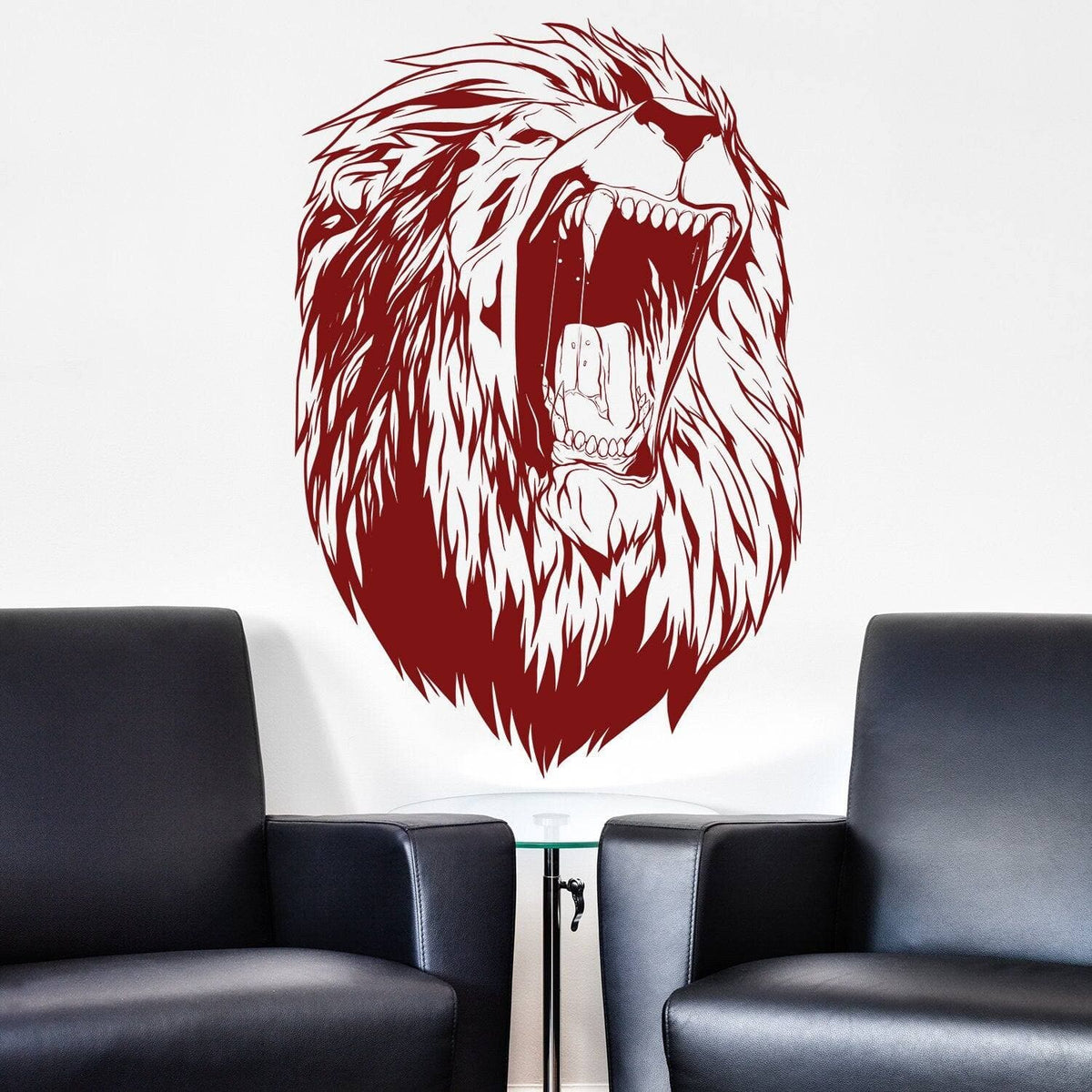 Roaring lion head wall sticker displayed above black chairs.