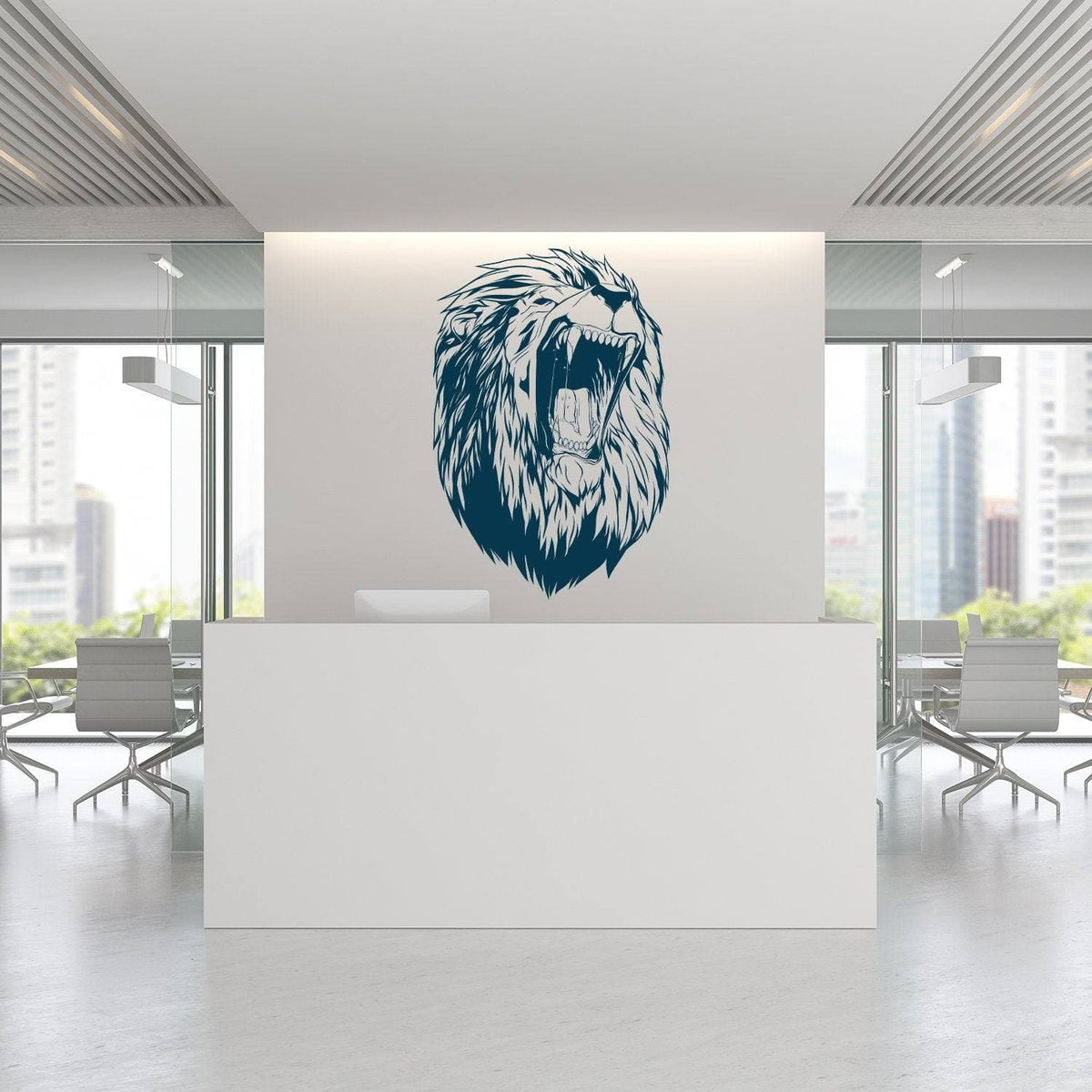 Roaring lion head wall sticker displayed in a modern office reception area.