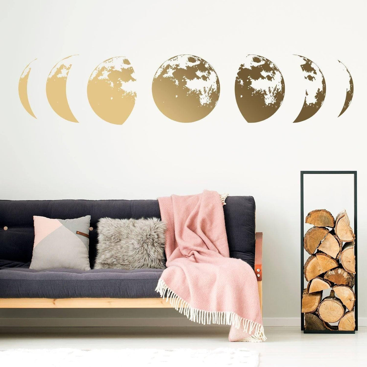 Lunar Harmony Wall Decal featuring moon phases in gold.