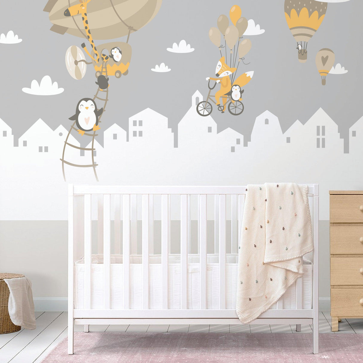WhimsyLand wall decals featuring penguins and foxes with hot air balloons.