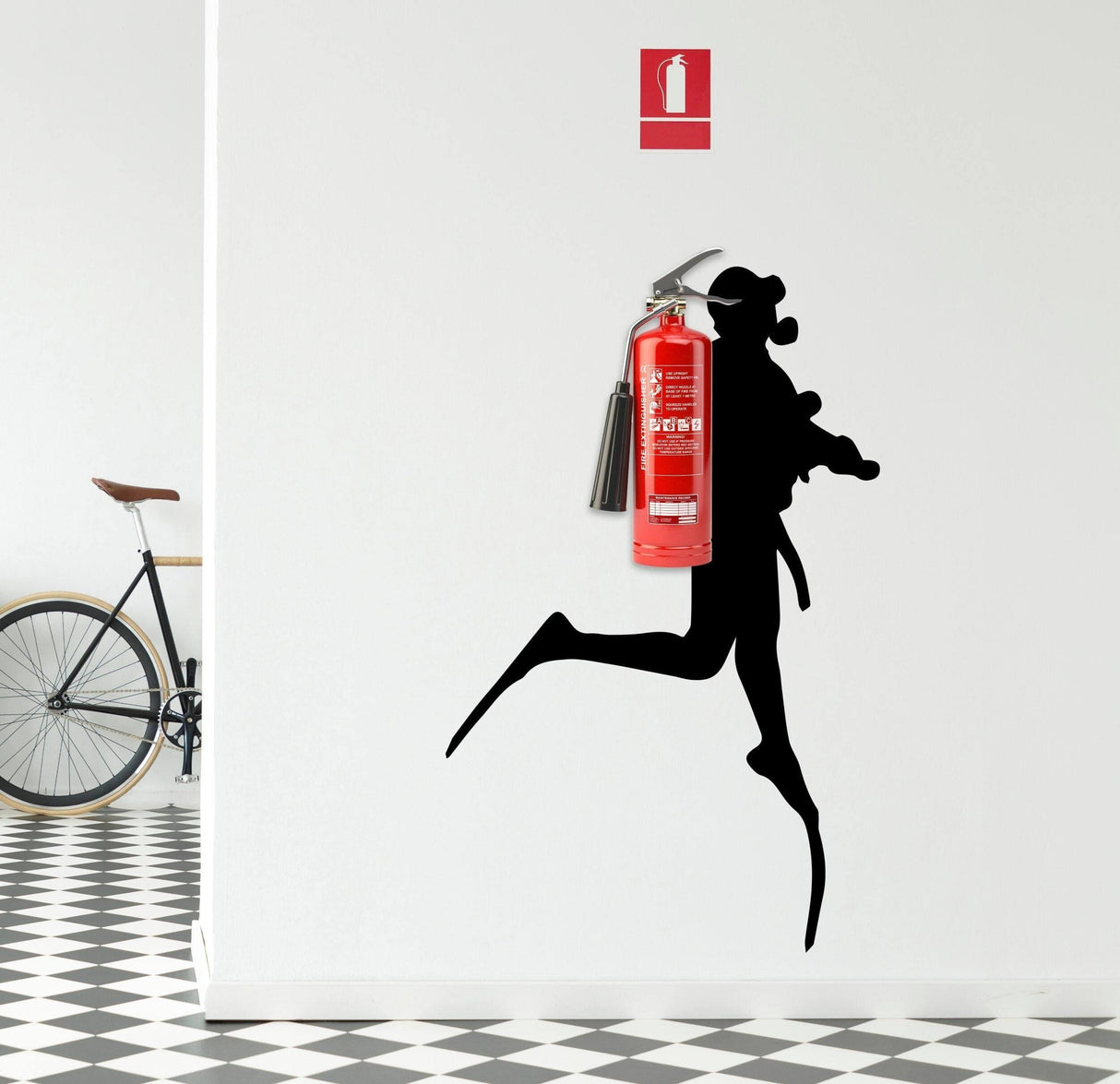 Scuba diver silhouette wall decal carrying a fire extinguisher.