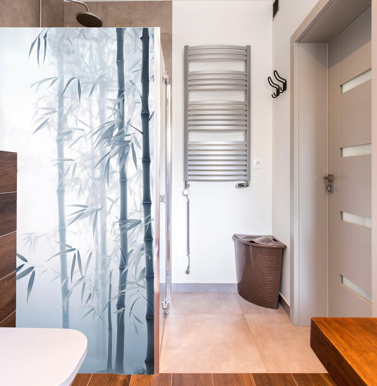 Tranquil bamboo forest sticker on shower glass for bathroom privacy and serenity.