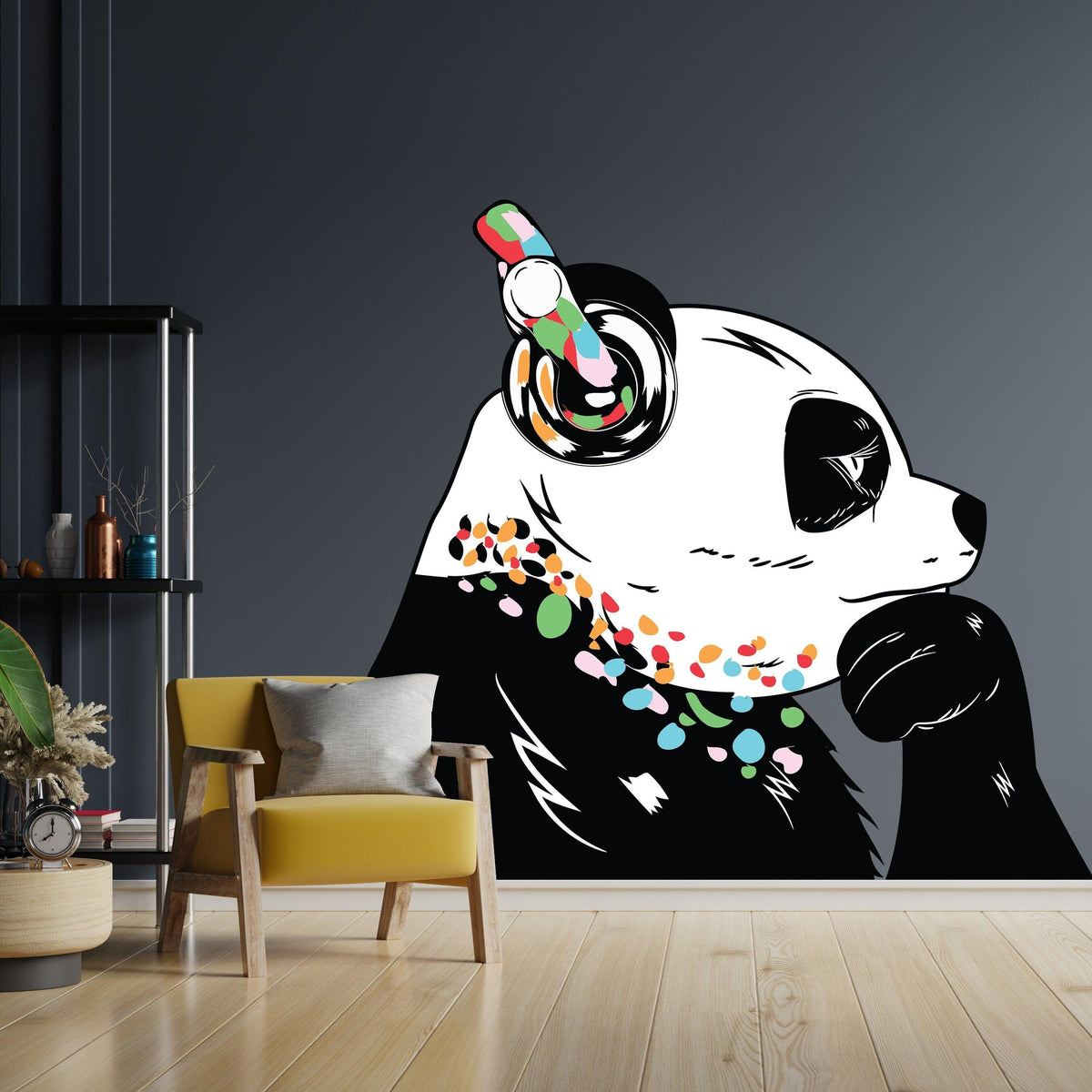 Panda in headphones vinyl wall sticker displayed in a modern room.