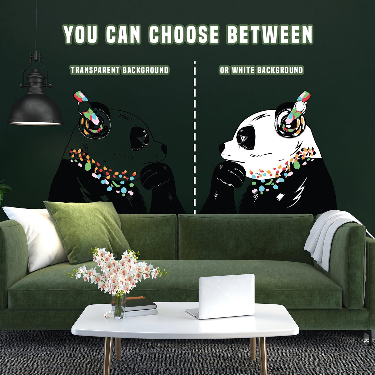Panda wall decal background options shown on a dark wall.