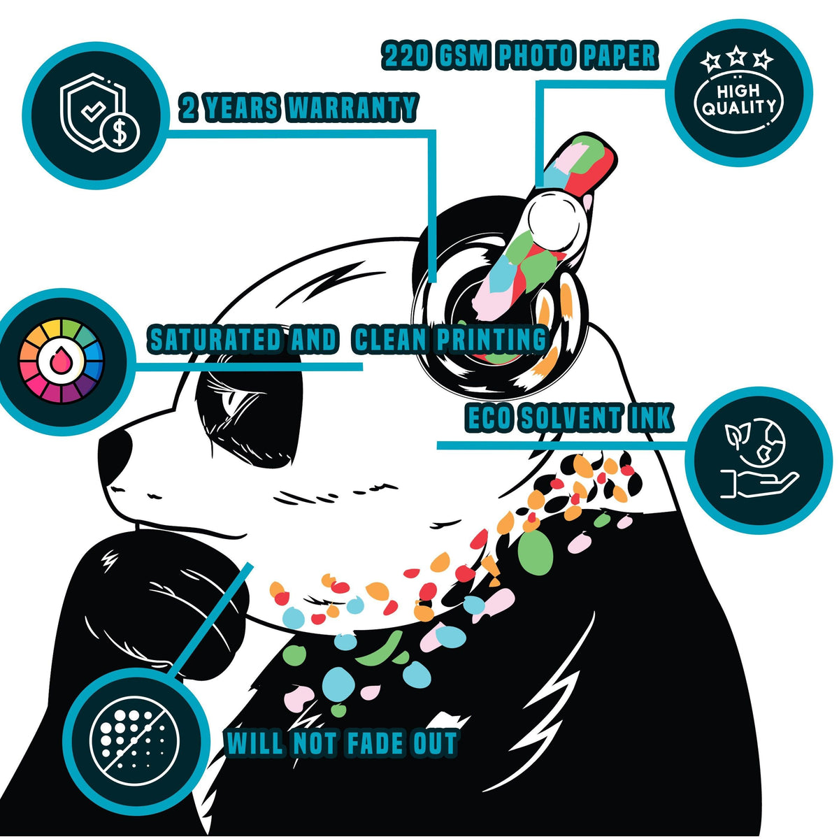 Product features for the panda in headphones vinyl wall sticker.