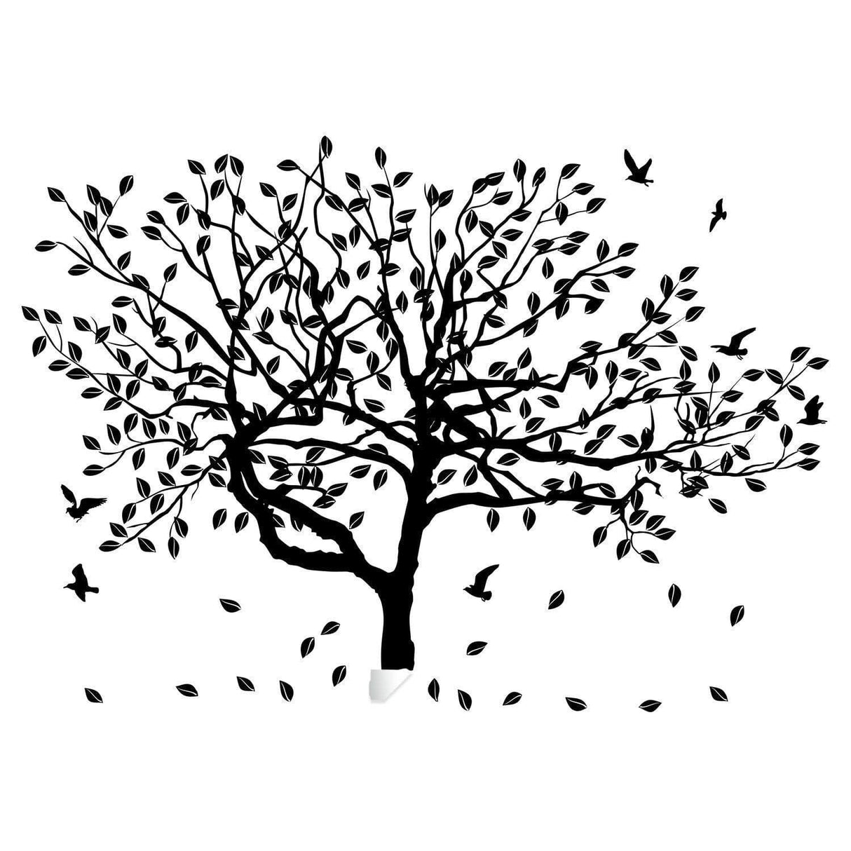 Black tree wall decal with leaves and birds.