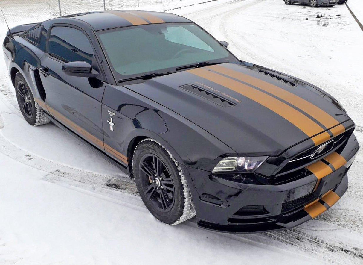 Stylish black car with gold racing stripes on snowy ground, showcasing vibrant vinyl decals for a sporty upgrade.