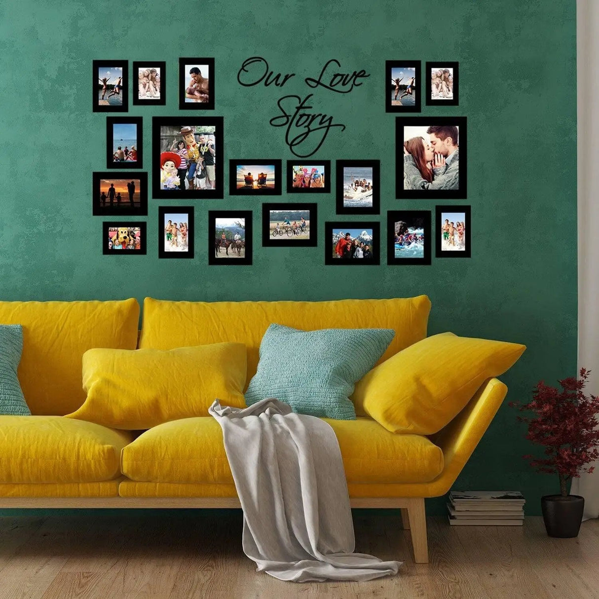 Фоторамки Our Love Story над жёлтым диваном