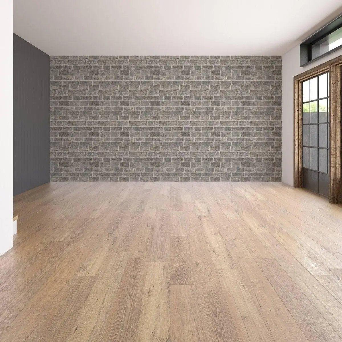 Interior of a modern room featuring a peel stick faux stone wall panel.