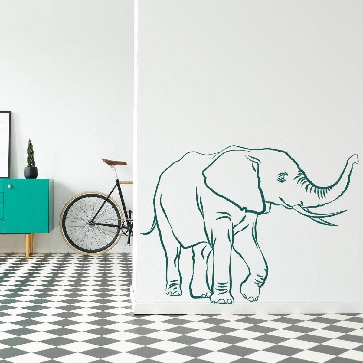 Charming vinyl elephant wall decal in modern living room with stylish decor and checkered flooring.