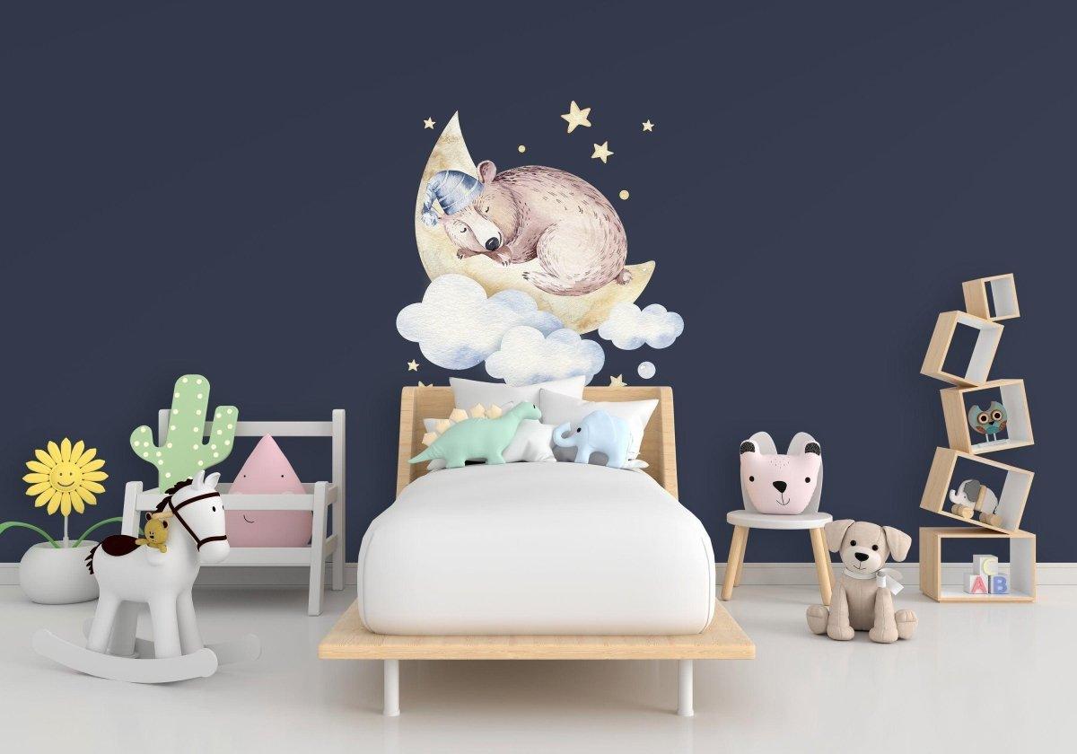 Cloud animal wall decal featuring a bear and moon.