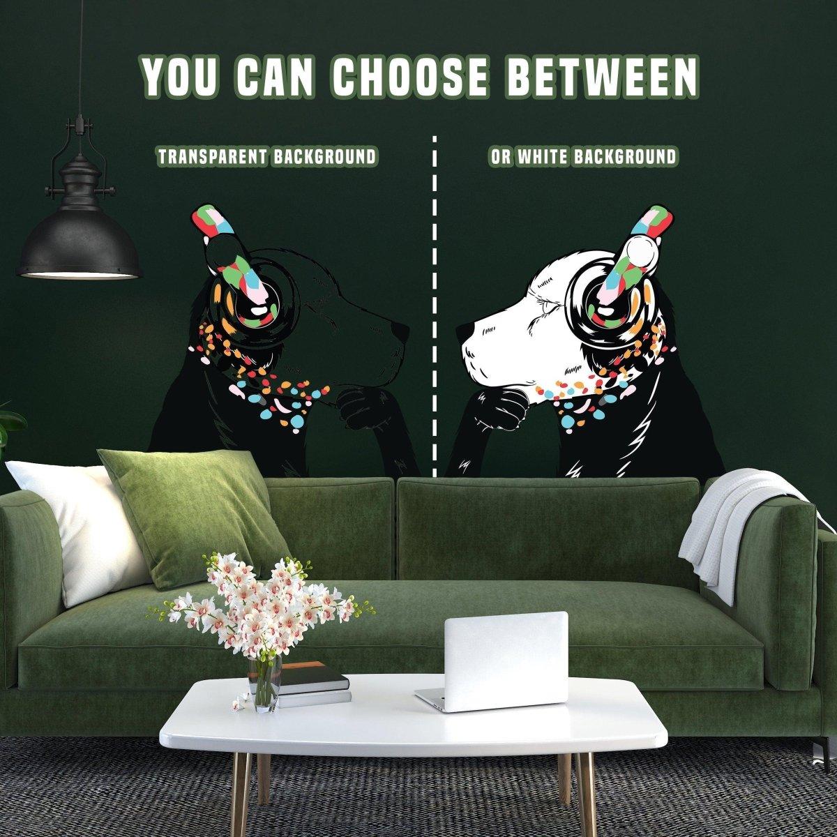 Street art dog wall decal with transparent and white background options.