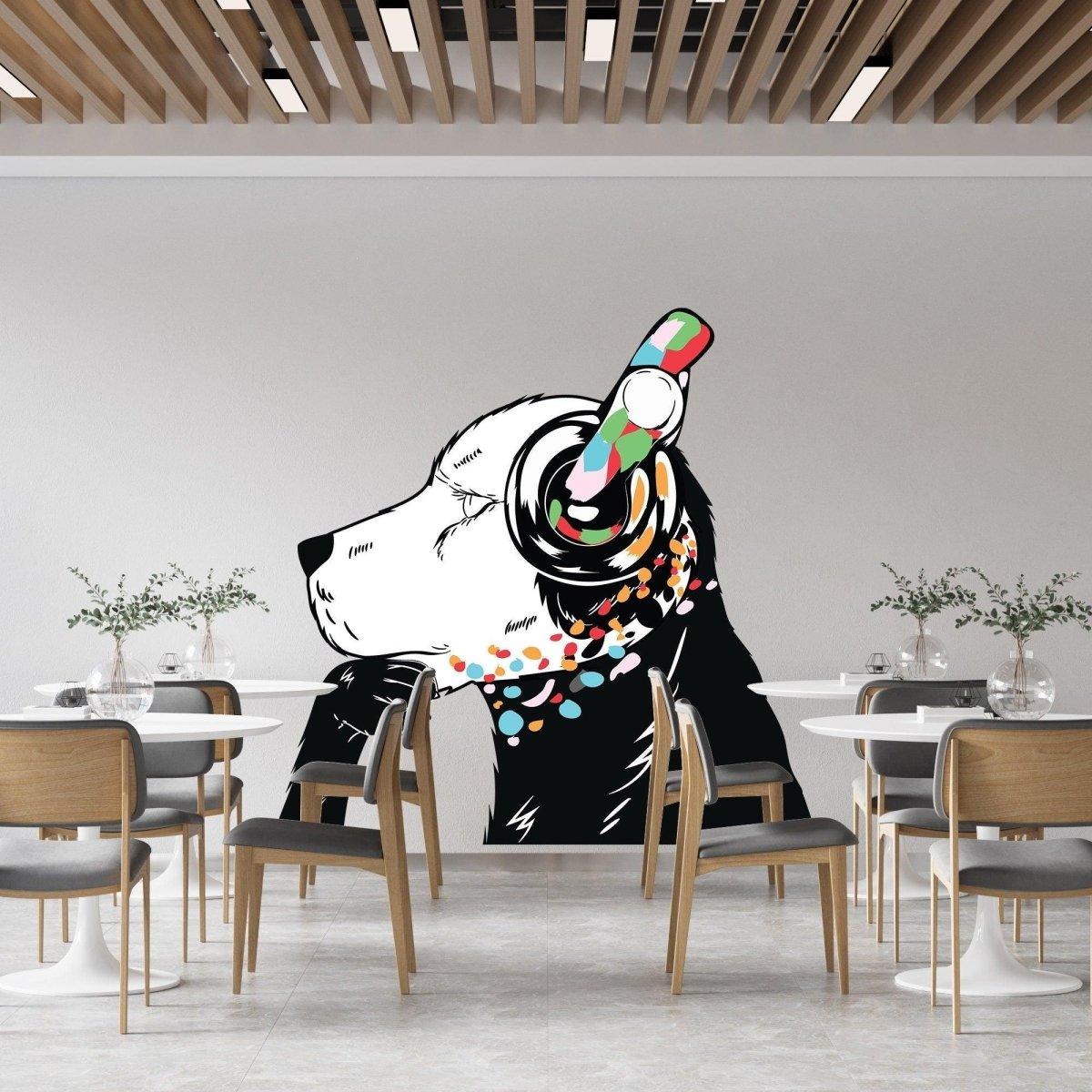 Dog in headphones street art wall decal for creative spaces.