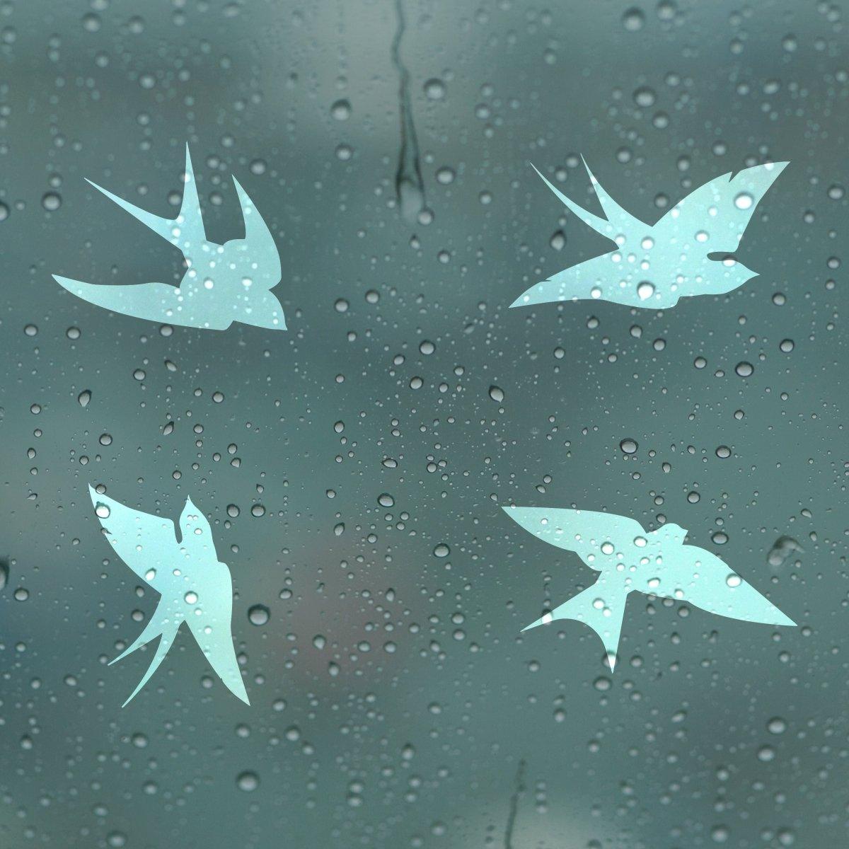 Frosted bird silhouette window decals on a rainy glass surface, enhancing safety and aesthetics for bird protection.