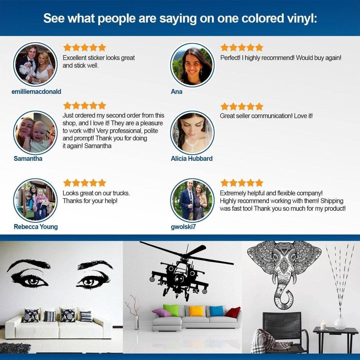 Customer reviews for vinyl wall decals featuring positive feedback and diverse interior designs.