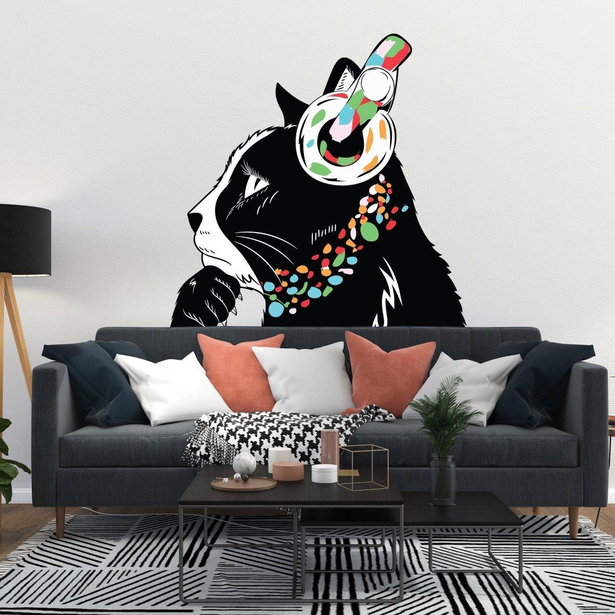 Cool cat wall decal in living room, featuring a DJ kitten with headphones and colorful collar design.