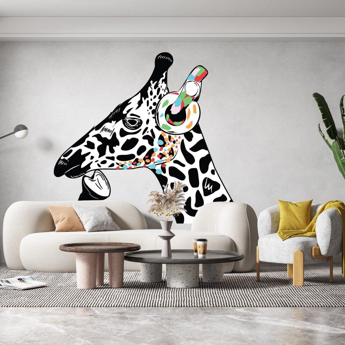 Contemplative giraffe wall sticker design featuring vibrant colors and headphones.