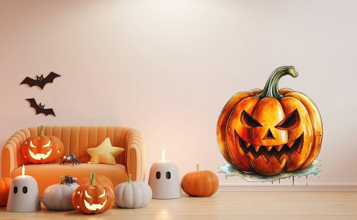 Orange pumpkin face wall decal displayed in a modern living room.