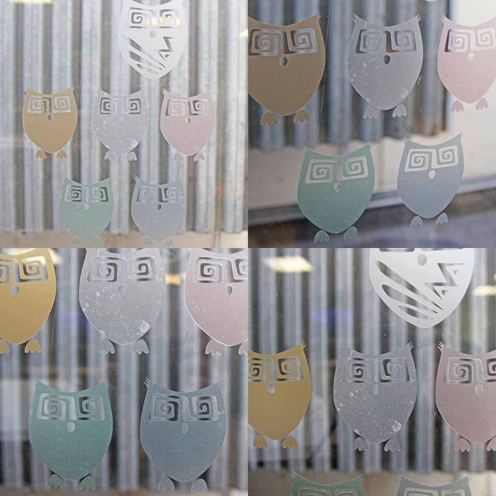 Stylish owl-themed etched glass decal showcasing playful designs.