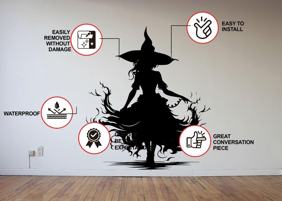 Figure and flame silhouette wall decal with product features and application information.