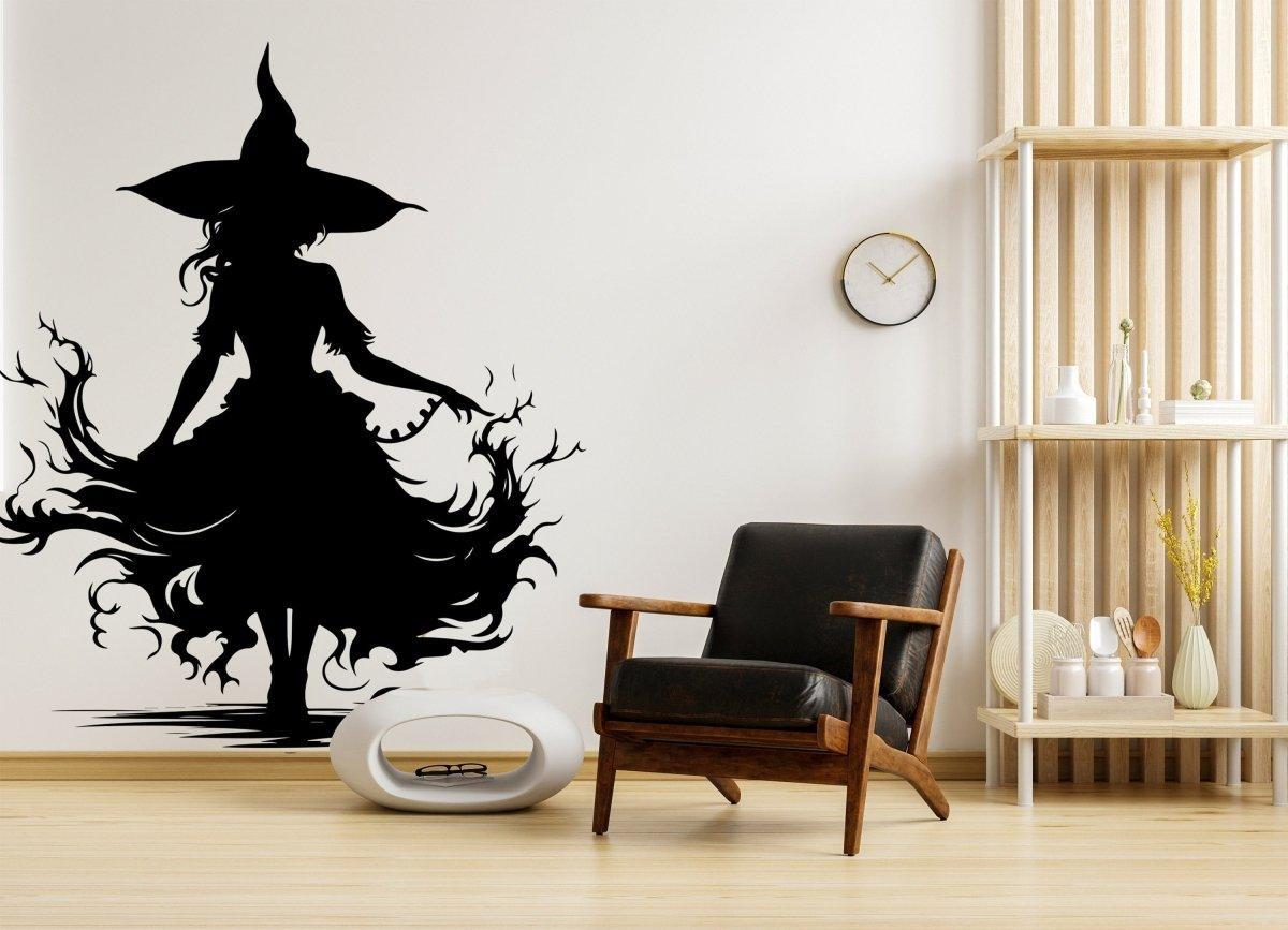 Stylized figure and flame silhouette vinyl wall decal in a modern interior.