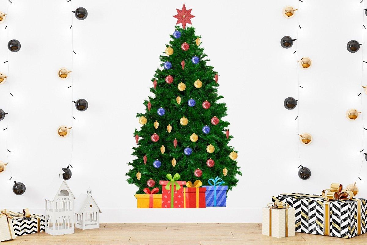 Large Christmas Pine Wall Decal with colorful ornaments and gifts.