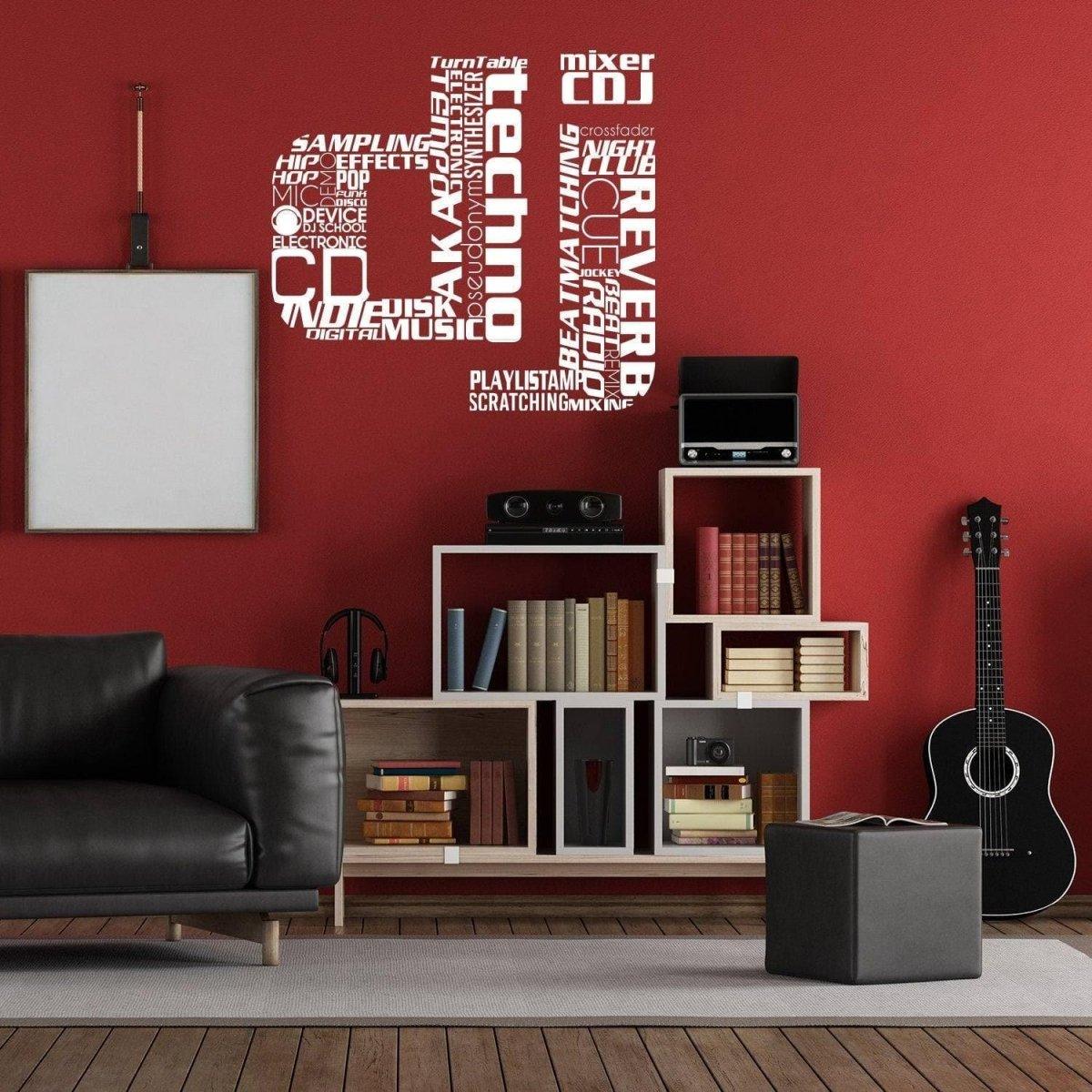 DJ music wall decal featuring vibrant soundwave and music terms on a red wall.